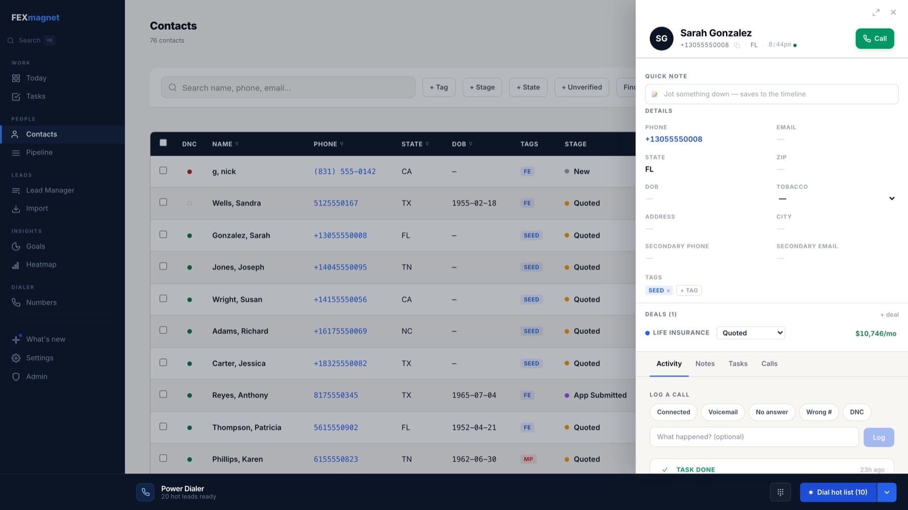 A contact record opened as a side drawer over the list, showing details, deal stage, and an activity timeline.