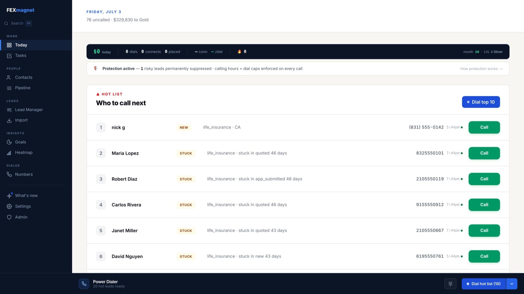 A daily work queue showing which contacts to call next, each with a status and a reason it surfaced.