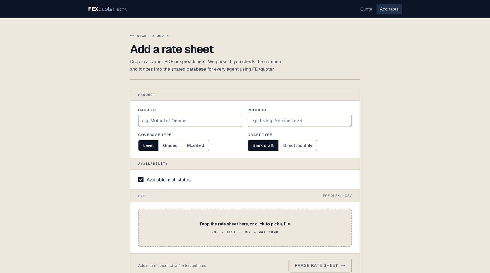 A form for adding a carrier rate sheet, with fields for carrier and product and a drop zone accepting PDF, XLSX or CSV files.